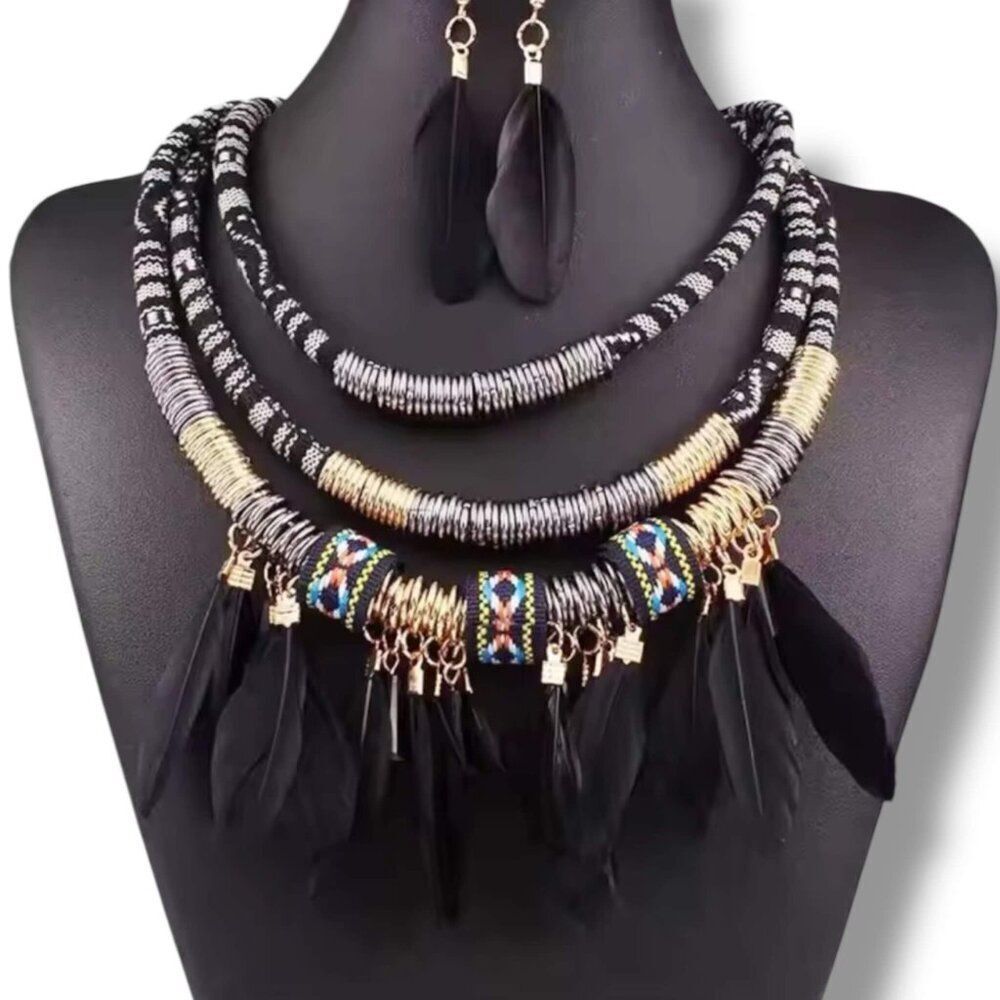 Black Tribal Feathers Necklace and Earrings Set Boho Western -NWT